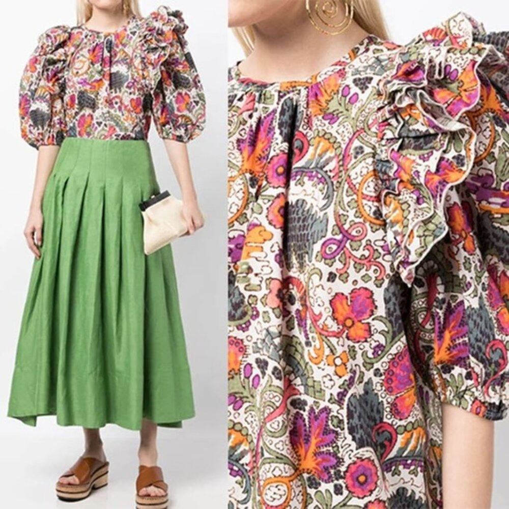 NWT Rhode 3/4 Sleeves Nino Ruffle Detailing Lamu Mini Floral Puff Sleeve Blouse